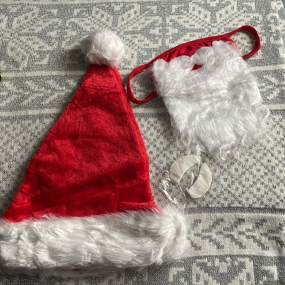NWT Christmas Santa Hat & Beard Mask Set Red & White Santa Costume Cosplay